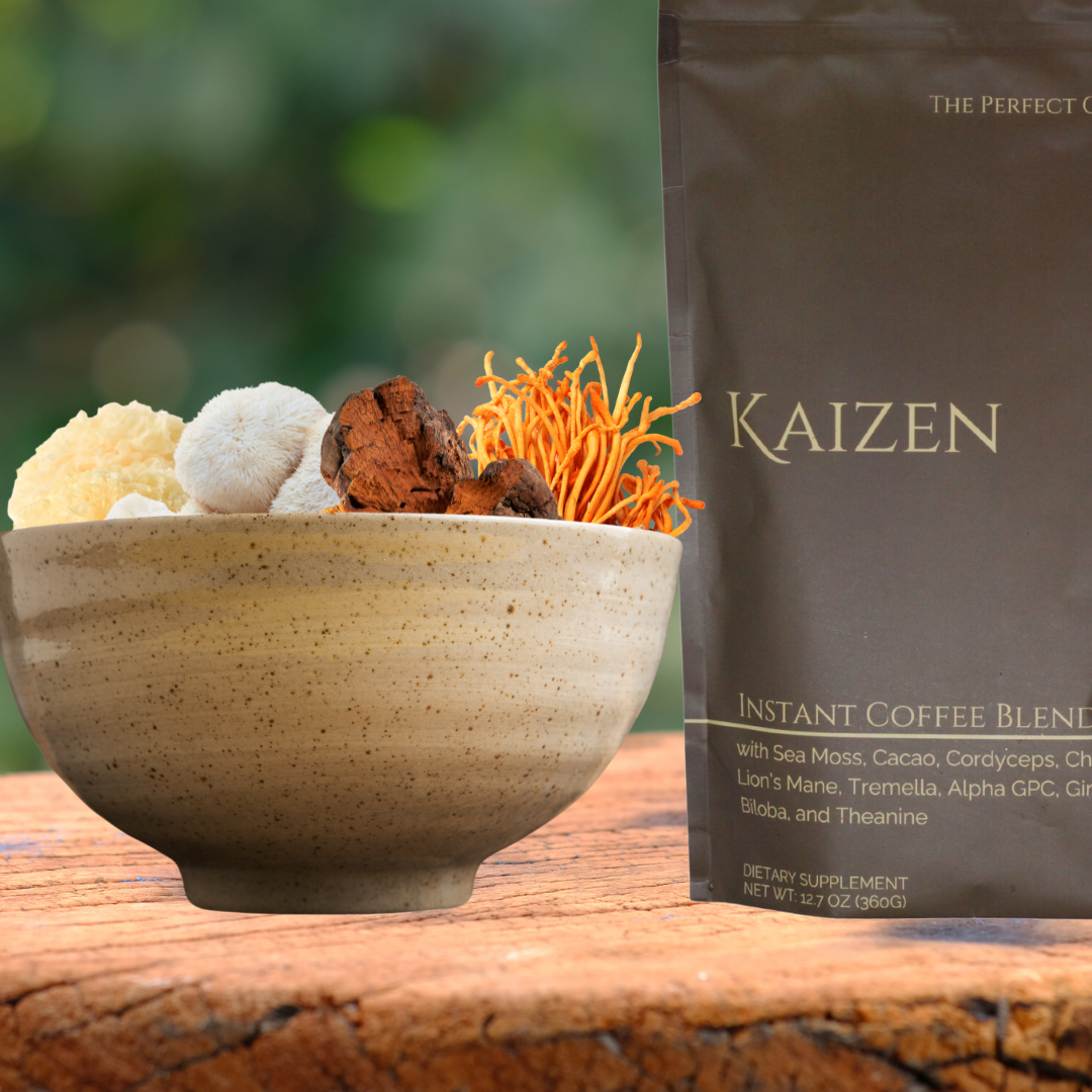 Kaizen Coffee Mushroom Chaga Cordyceps Lions Mane Tremella Immunity Energy Memory Focus Brain Health Clear Skin Healthy Skin